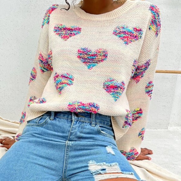 06 Cream Hearts Print Oversized Knit Sweater Top - Picture 5 of 7